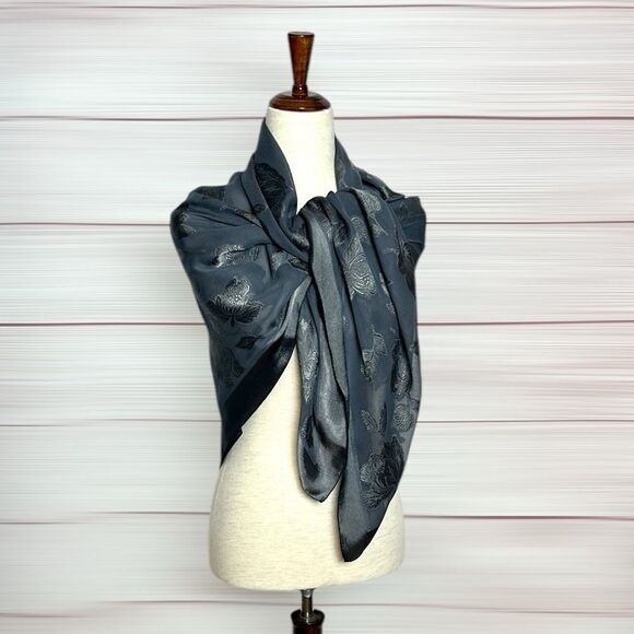 Large Square Gray Sheer Chiffon Shiny Special Cut Flowers Scarf Shawl - Picture 3 of 8